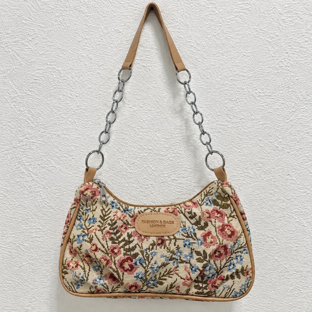 Faux Leather Floral Tapestry Shoulder Bag Chain Strap Tan Trim